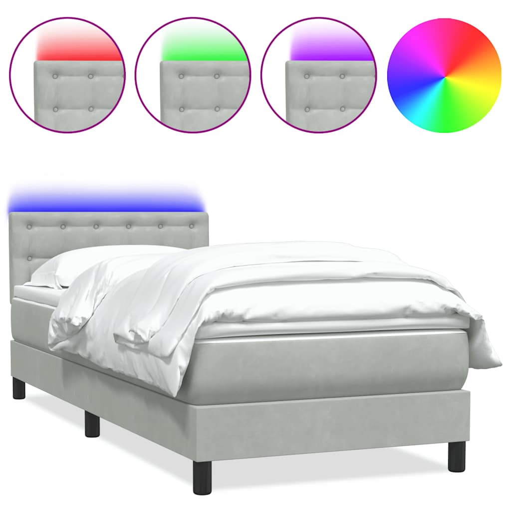 vidaXL Box spring postel s matrací a LED Světle šedá 90x220 cm Samet