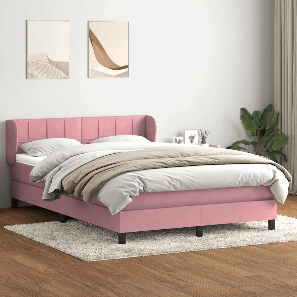 vidaXL Pat box spring cu saltea, roz, 140x220 cm, catifea
