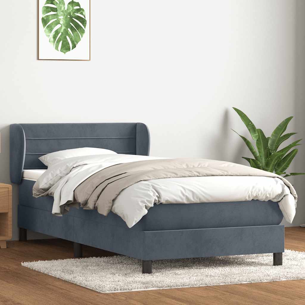 vidaXL Pat box spring cu saltea, gri închis, 90x210 cm, catifea