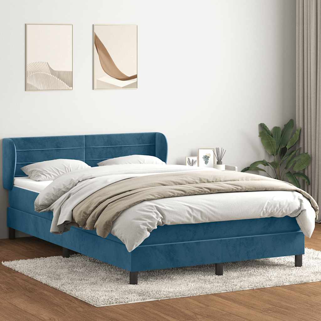 vidaXL Pat box spring cu saltea, albastru închis, 140x210 cm, catifea