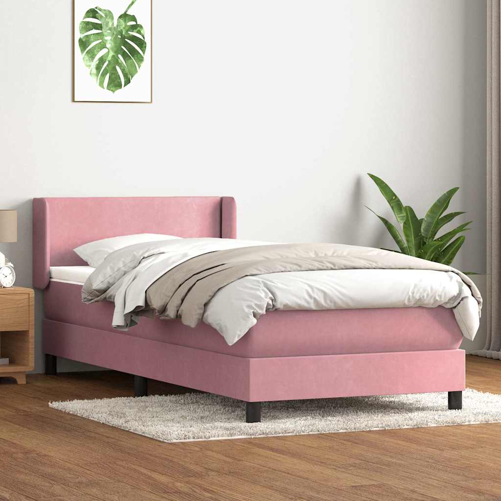 vidaXL Pat box spring cu saltea, roz, 90x210 cm, catifea