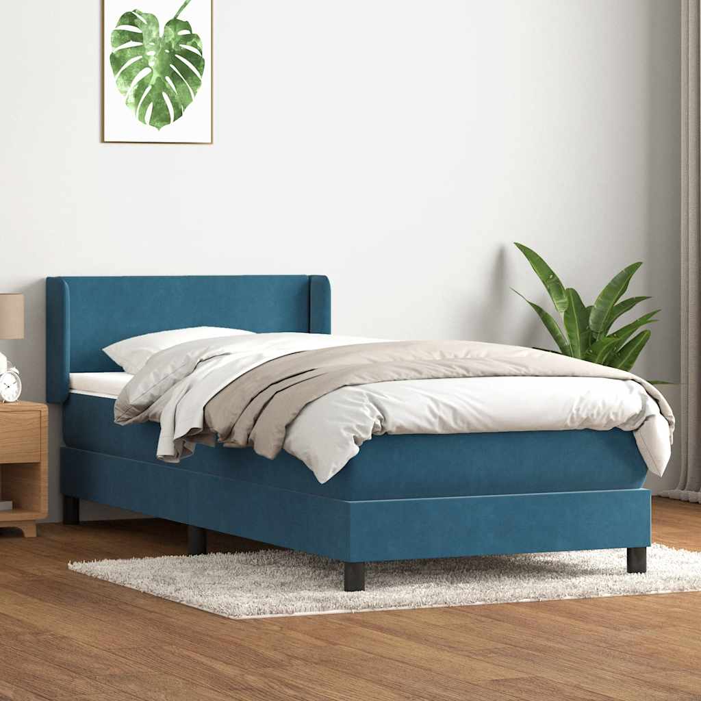 vidaXL Pat box spring cu saltea, albastru închis, 100x210 cm, catifea