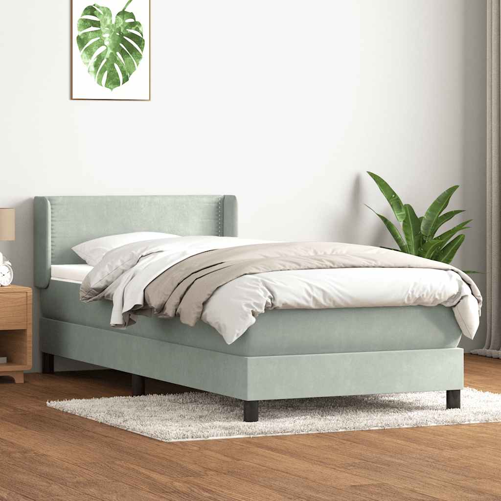 vidaXL Pat box spring cu saltea, gri deschis, 90x210 cm, catifea