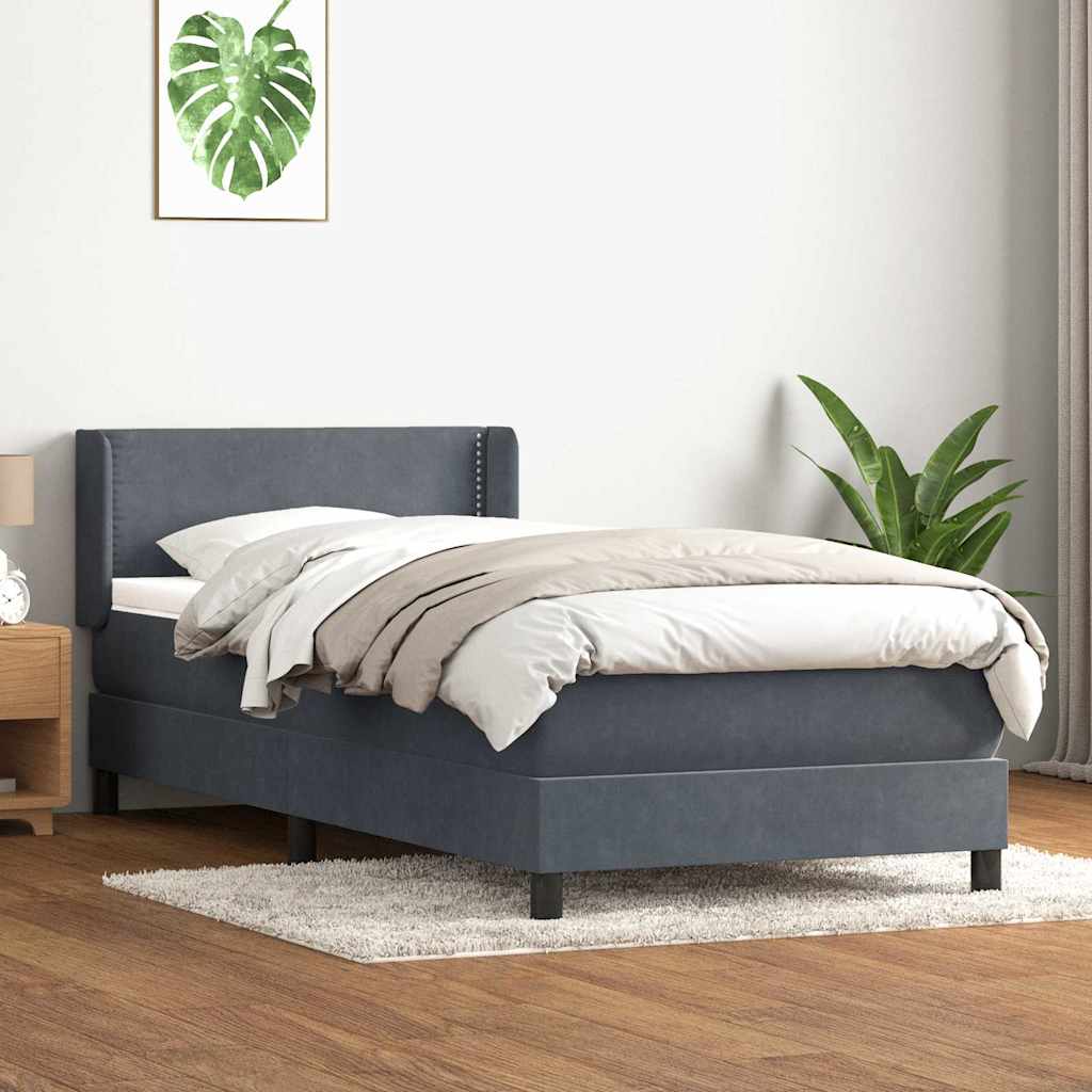 vidaXL Pat box spring cu saltea, gri închis, 90x210 cm, catifea