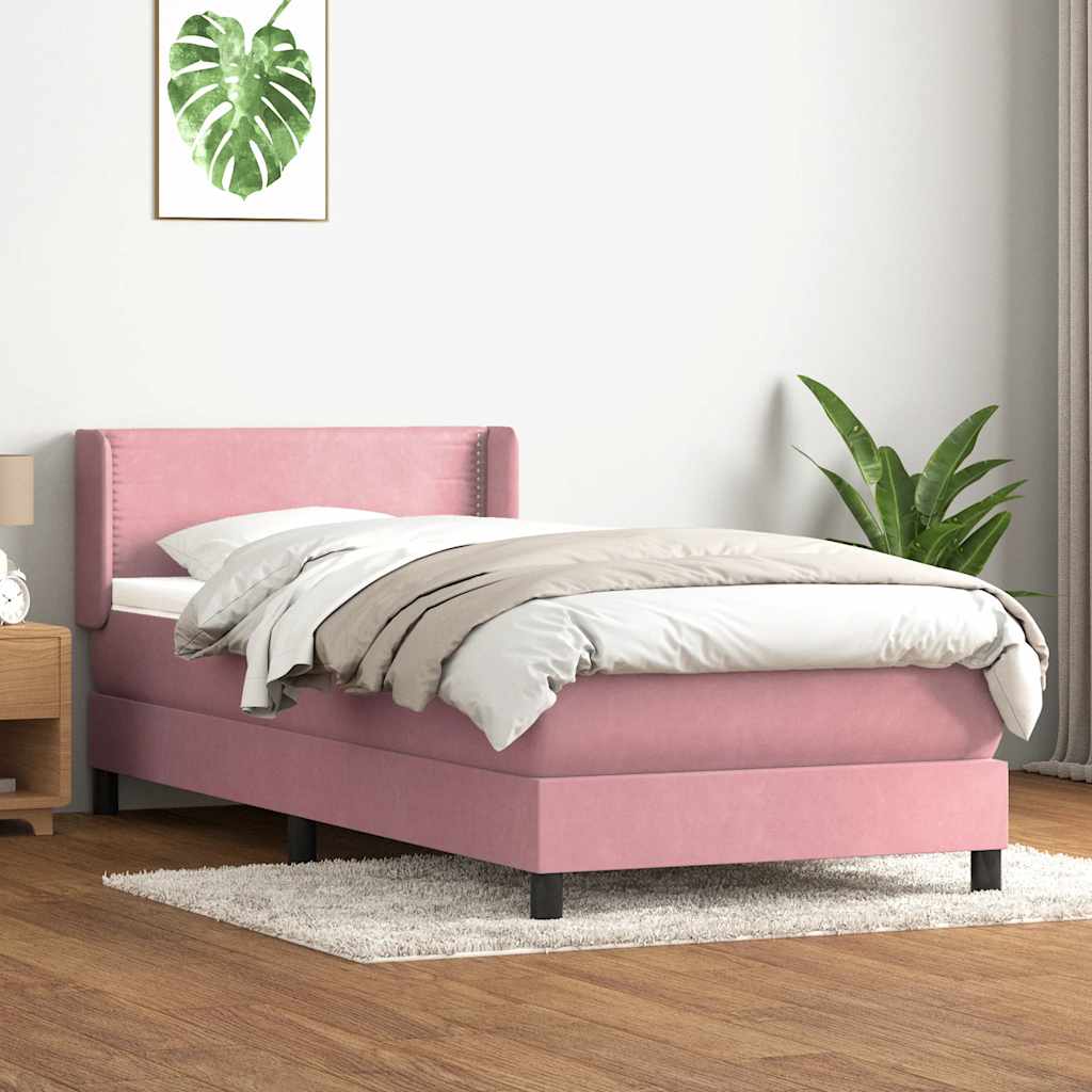 vidaXL Pat box spring cu saltea, roz, 90x210 cm, catifea