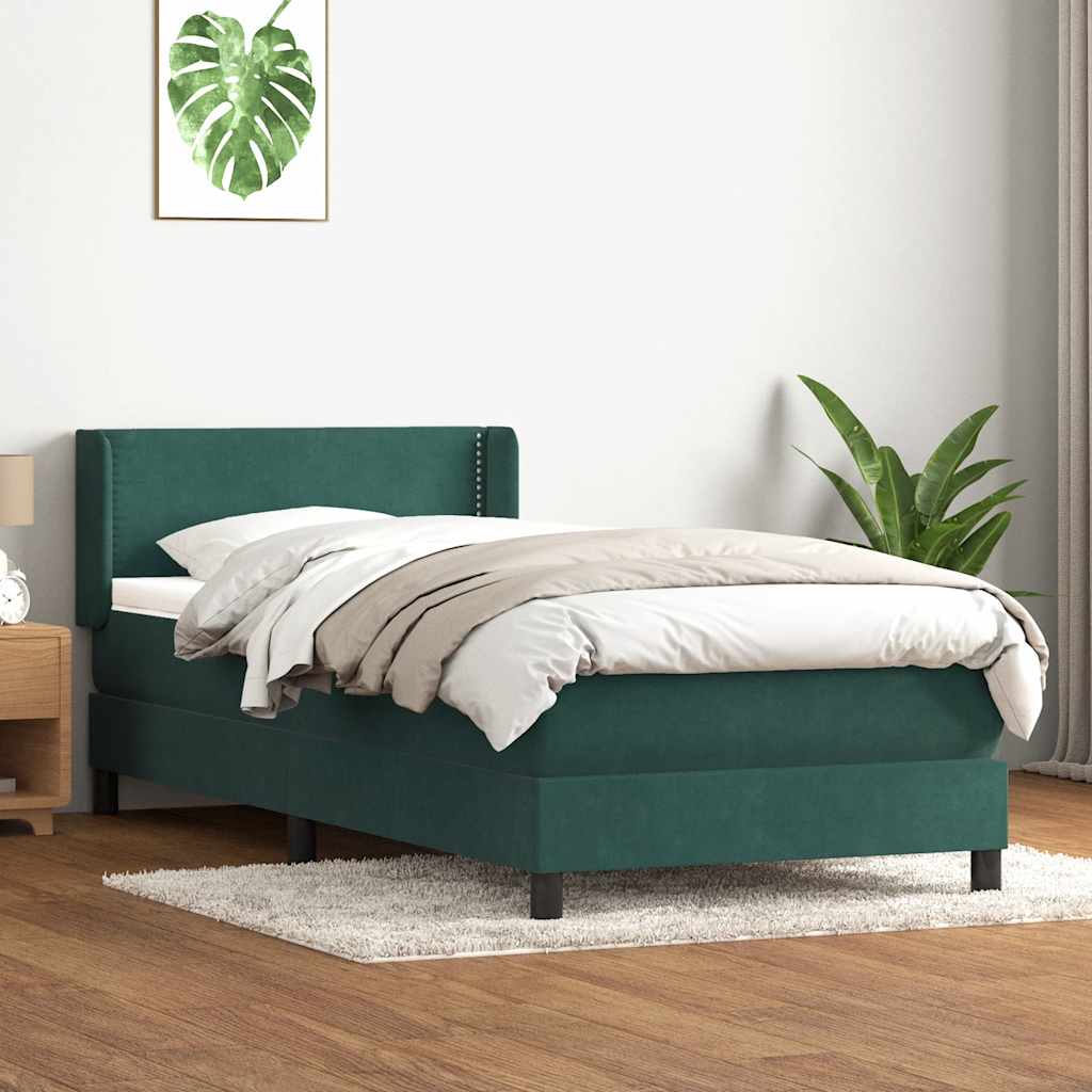 vidaXL Pat box spring cu saltea, verde închis, 100x210 cm, catifea