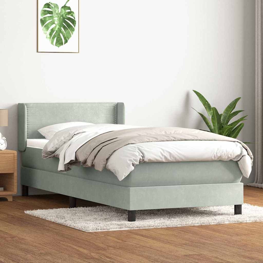 vidaXL Pat box spring cu saltea, gri deschis, 90x220 cm, catifea