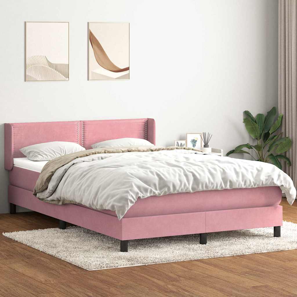 vidaXL Pat box spring cu saltea, roz, 140x220 cm, catifea
