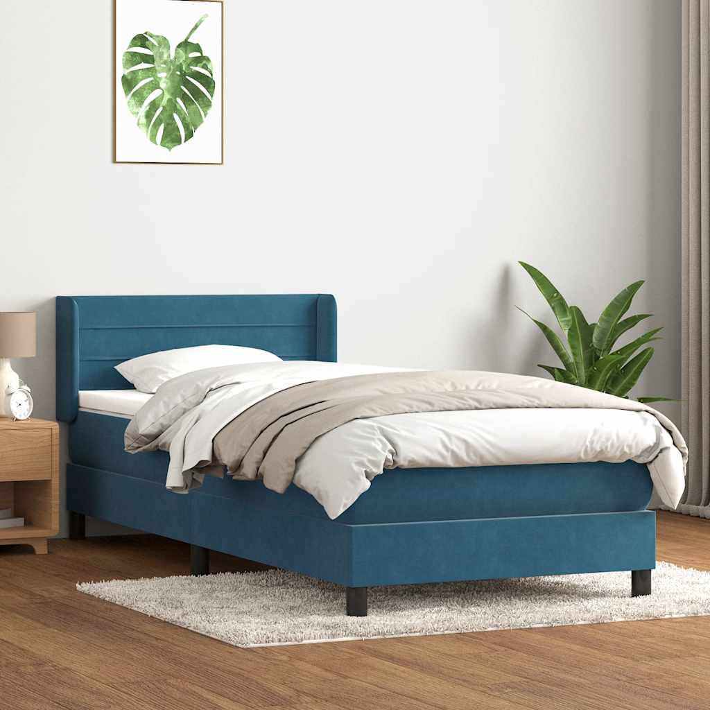 vidaXL Pat box spring cu saltea, albastru închis, 90x210 cm, catifea