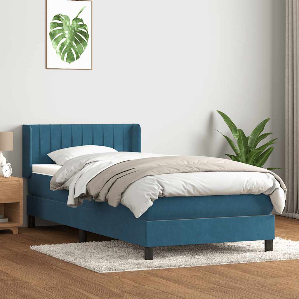 vidaXL Pat box spring cu saltea, albastru închis, 100x210 cm, catifea