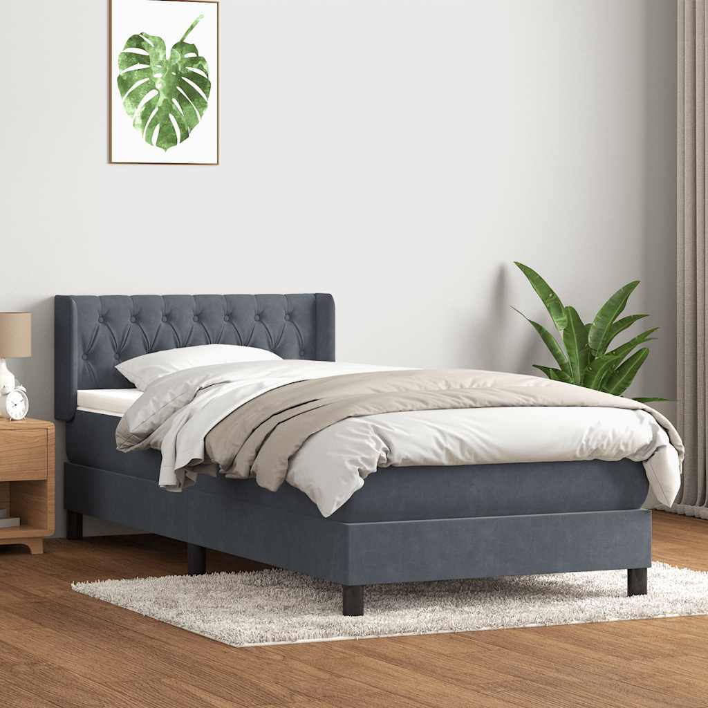 vidaXL Pat box spring cu saltea, gri închis, 90x210 cm, catifea