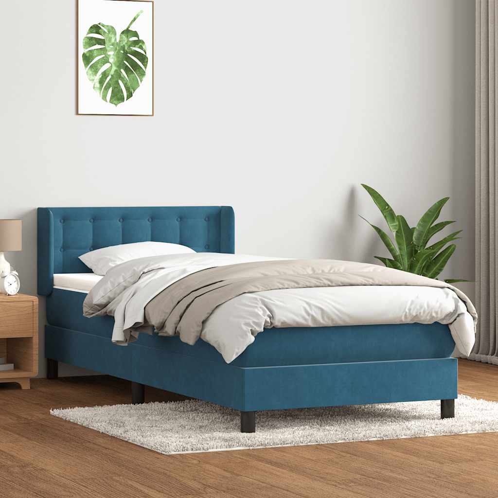 vidaXL Pat box spring cu saltea, albastru închis, 90x210 cm, catifea