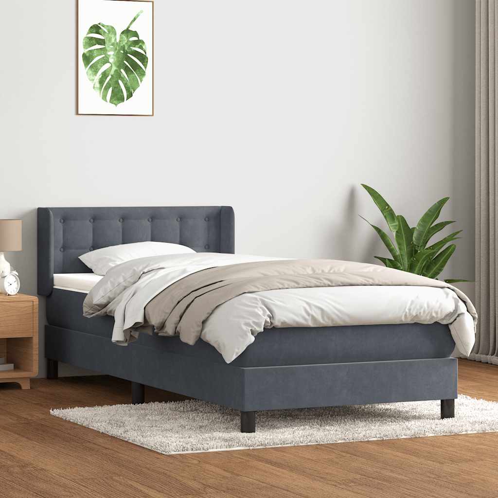 vidaXL Pat box spring cu saltea, gri închis, 90x220 cm, catifea