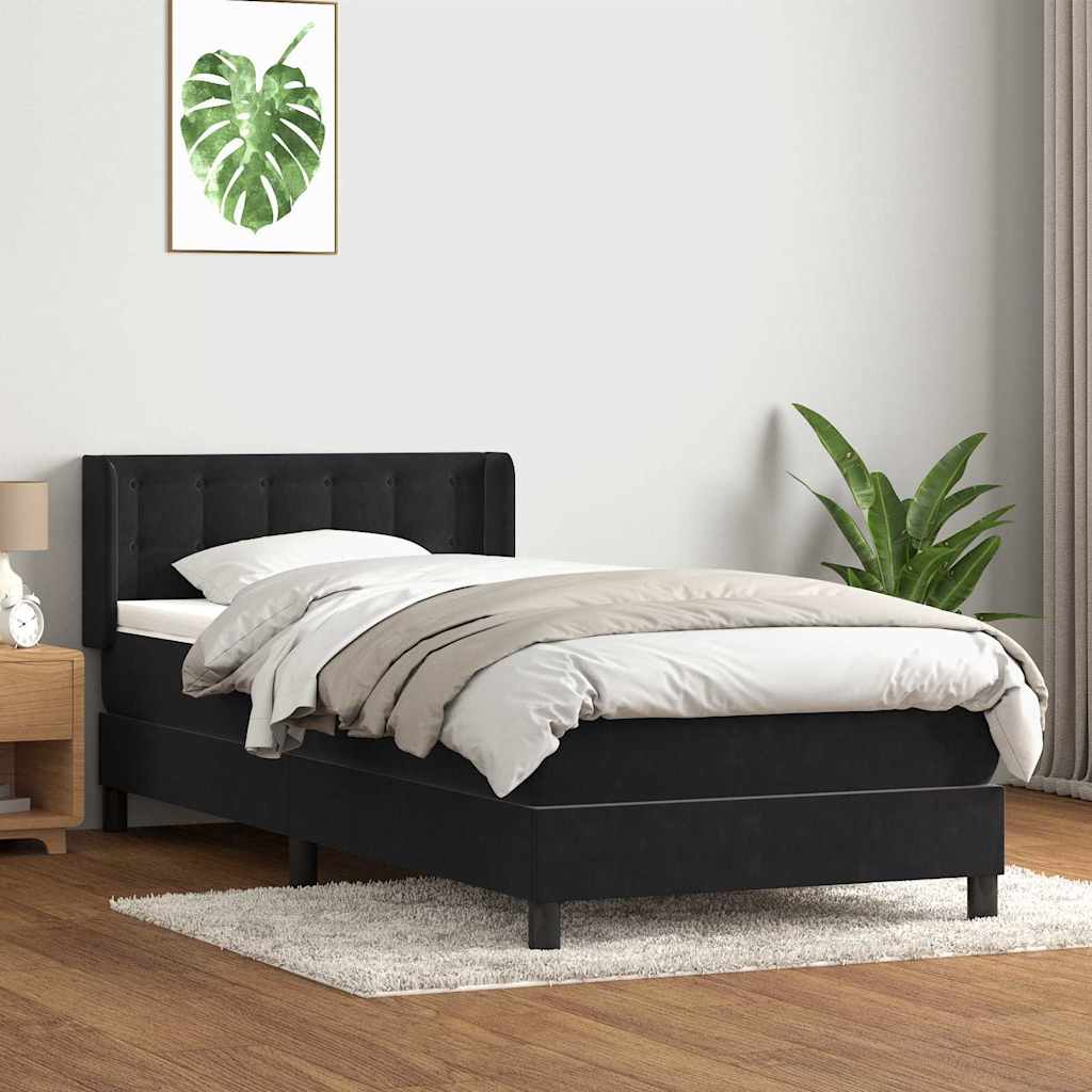 vidaXL Pat box spring cu saltea, negru, 90x220 cm, catifea