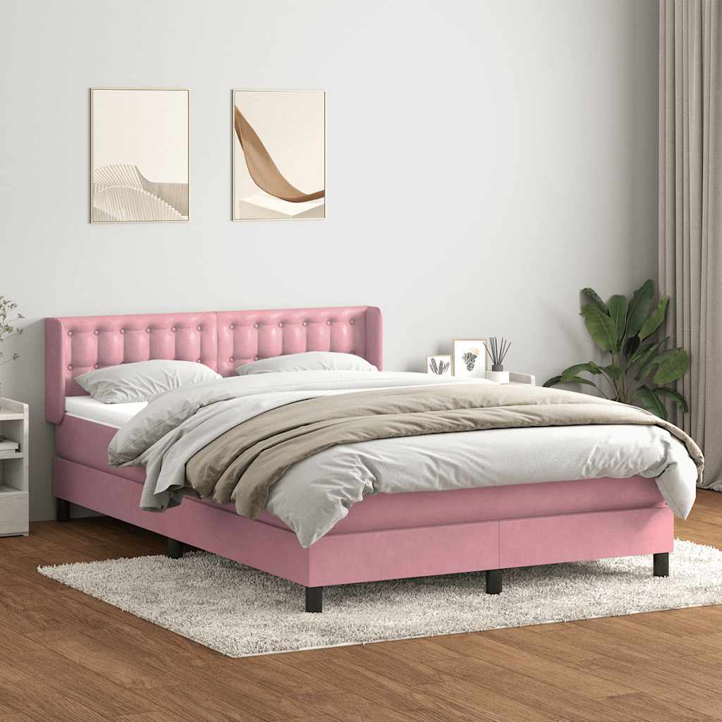 vidaXL Pat box spring cu saltea, roz, 140x220 cm, catifea