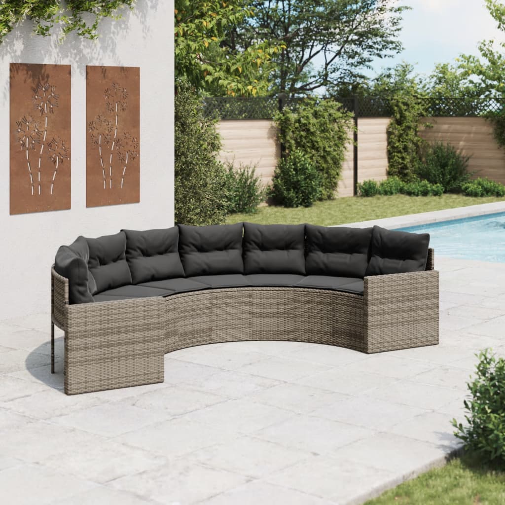 vidaXL Gartensofa mit Kissen Halbrund Grau Poly Rattan