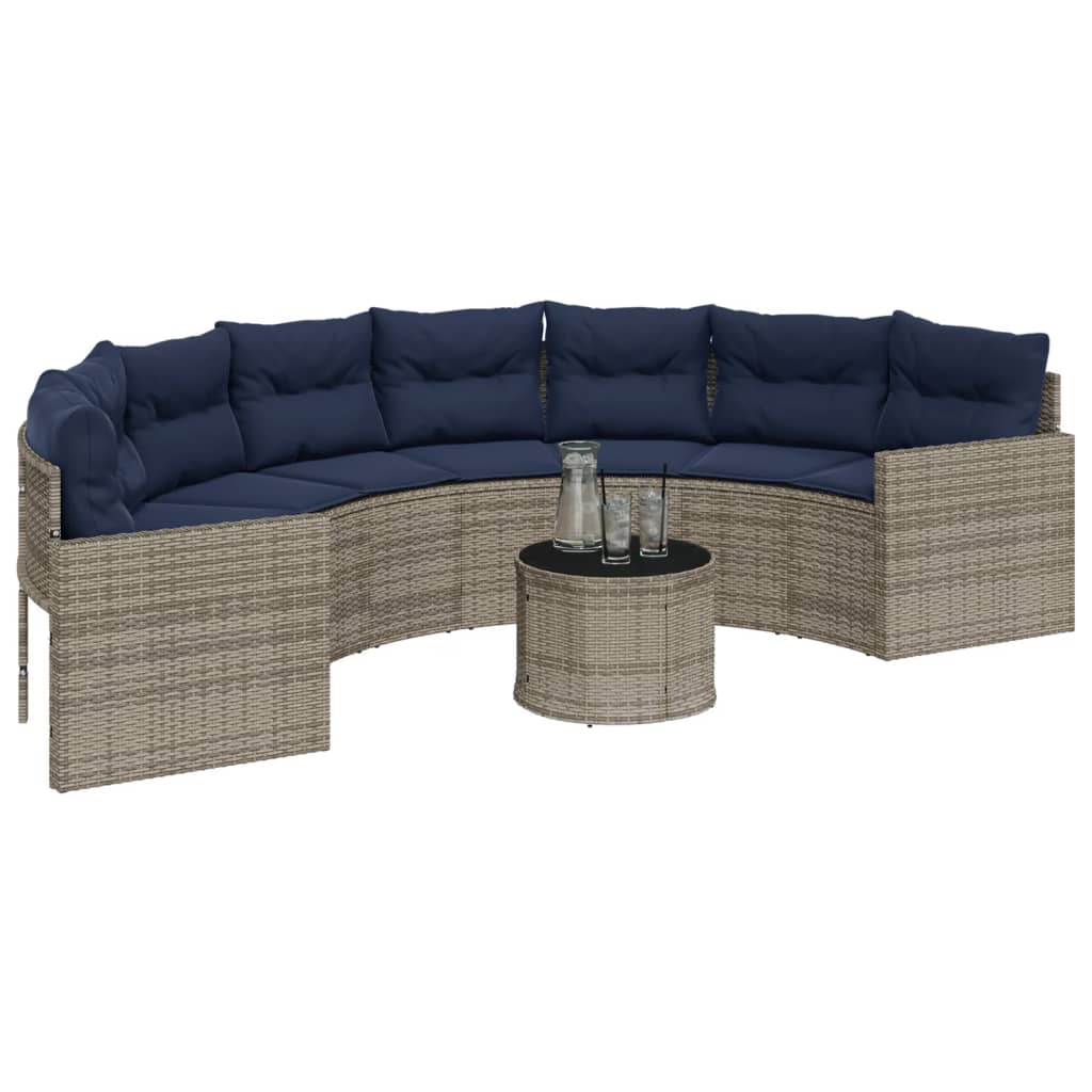 Vidaxl Patio Sofa With Table And Cushions Half-Round Gray Poly Rattan