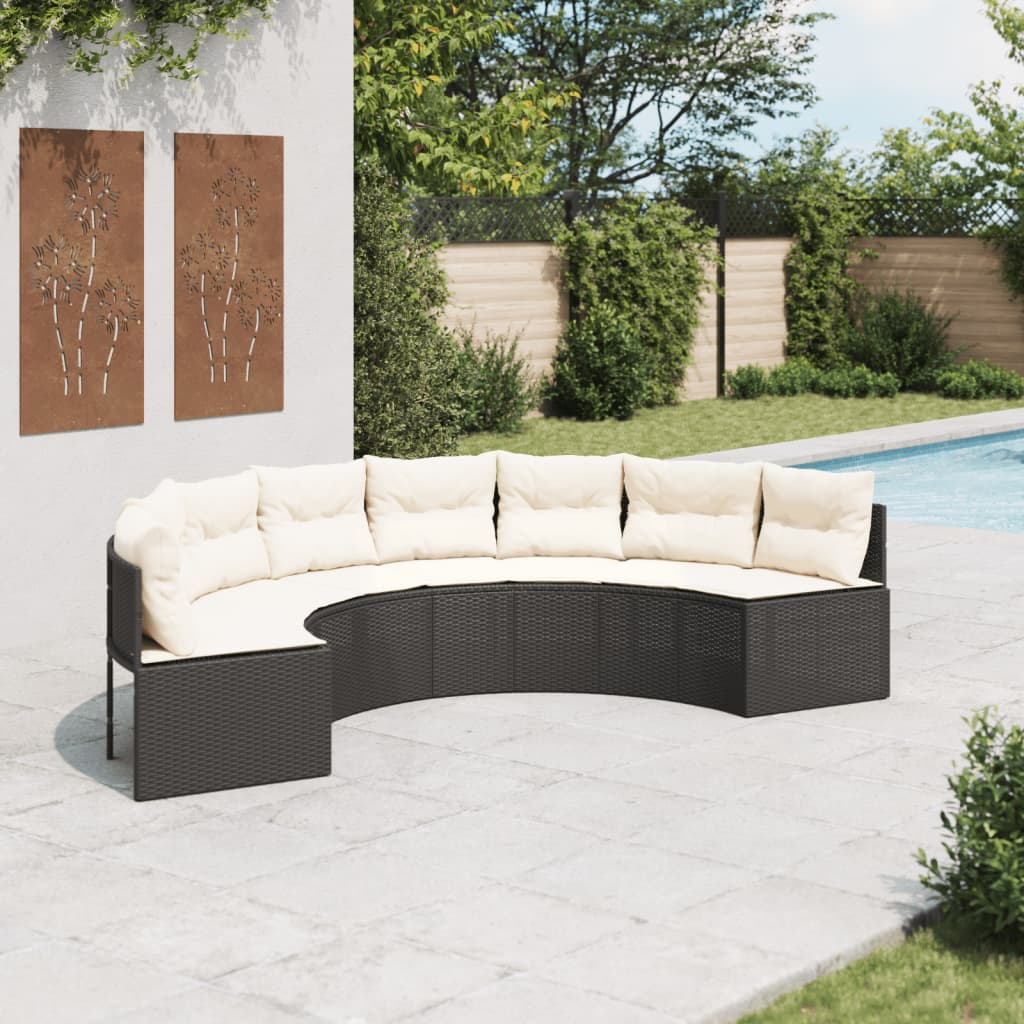 vidaXL Gartensofa mit Kissen Halbrund Schwarz Poly-Rattan