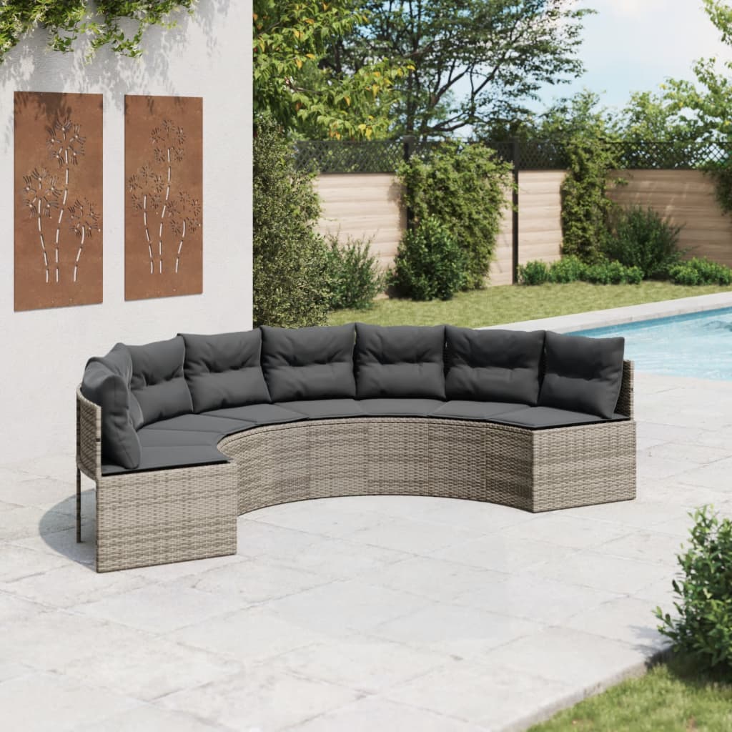 vidaXL Gartensofa mit Kissen Halbrund Grau Poly Rattan