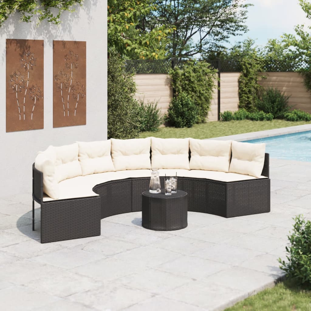 vidaXL Gartensofa mit Tisch und Kissen Halbrund Schwarz Poly-Rattan