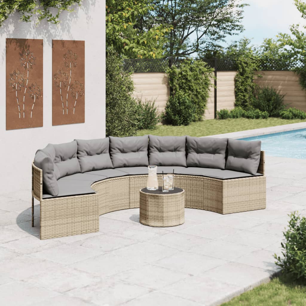 vidaXL Gartensofa mit Tisch und Kissen Halbrund Beige Poly-Rattan