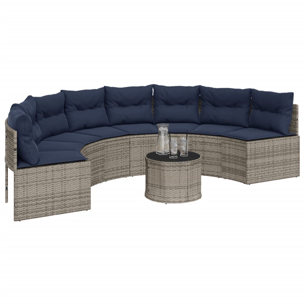 Vidaxl Patio Sofa With Table And Cushions Half-Round Gray Poly Rattan