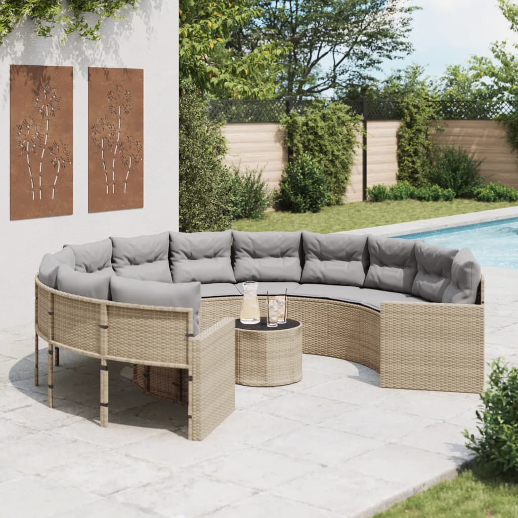 vidaXL Gartensofa mit Tisch und Kissen Rund Beige Poly-Rattan