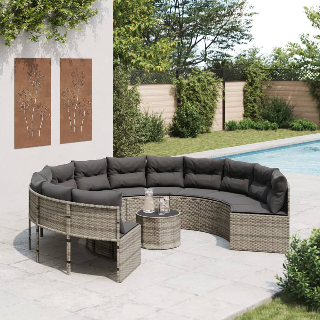 vidaXL Gartensofa mit Tisch und Kissen Rund Grau Poly Rattan