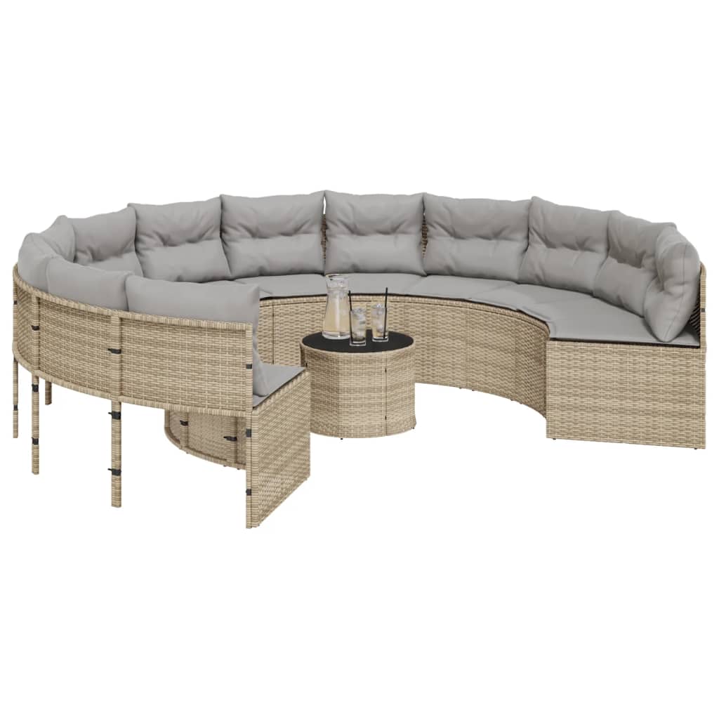 vidaXL Tuinbank met tafel en kussens rond poly rattan beige afbeelding