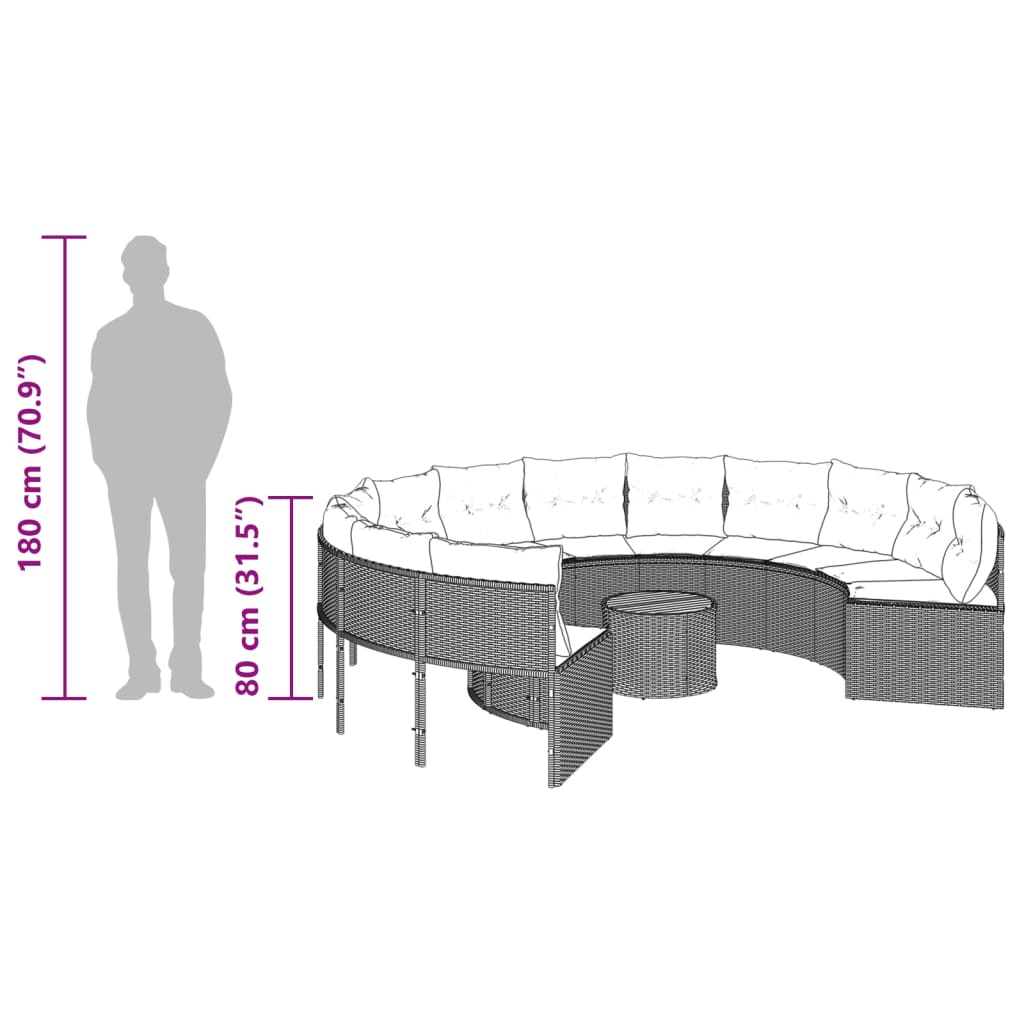 Vrtni kavč z mizo in blazinami okrogel črn poli ratan - slika 13