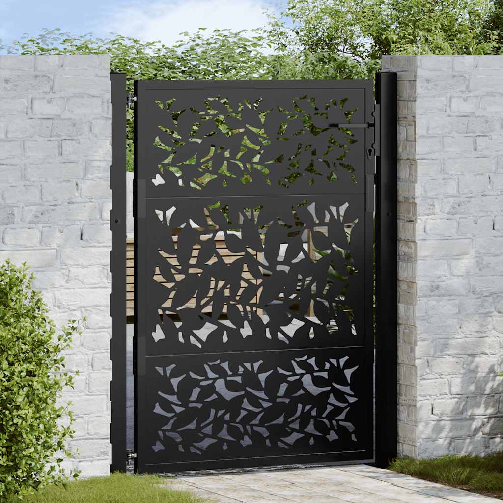 vidaXL Poarta de gradina neagra 105x130 cm Design cu frunze de otel