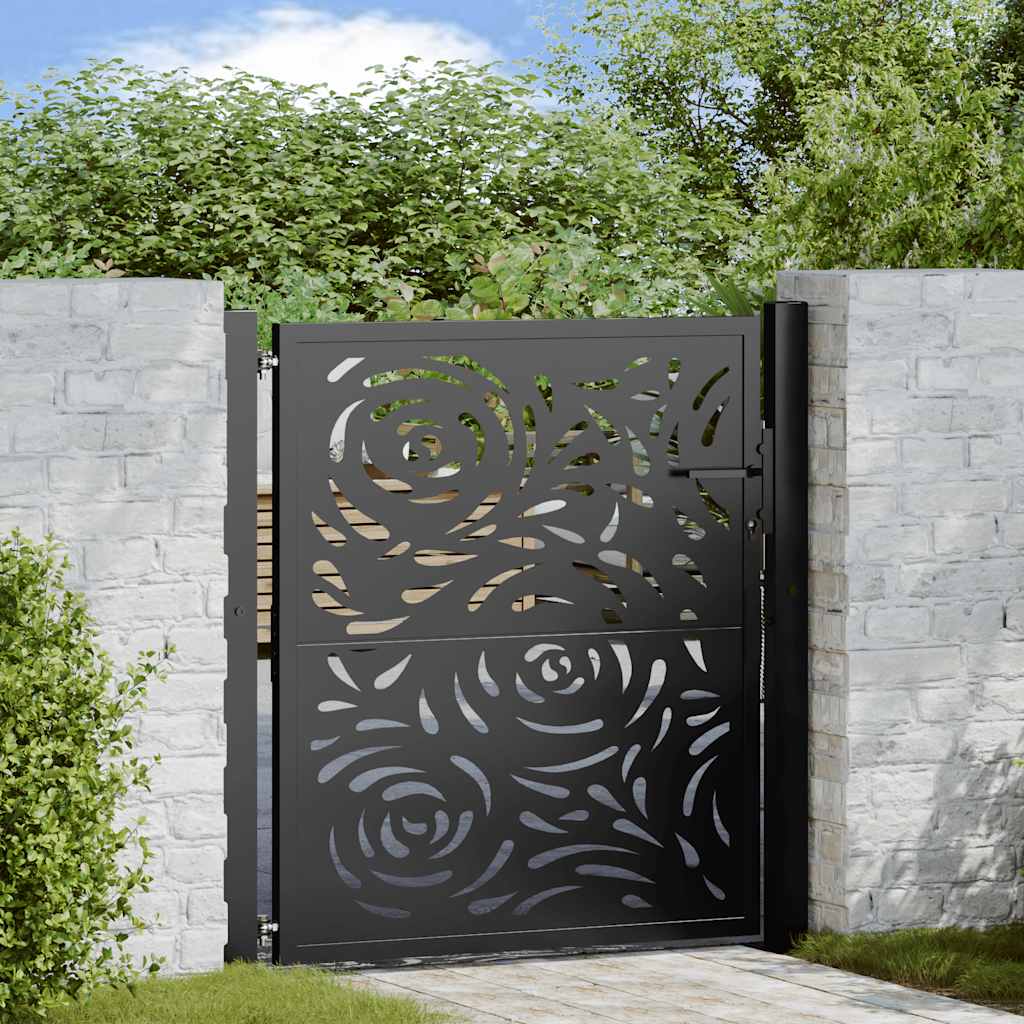 vidaXL Poarta de gradina neagra 105x106 cm design flacara din otel