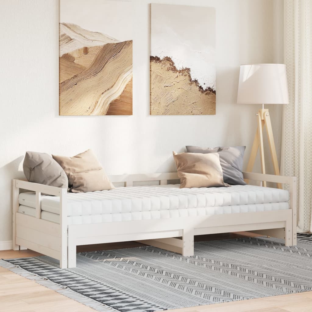 vidaXL Vysúvacia denná posteľ s matracmi, biela 80x200 cm, borovica