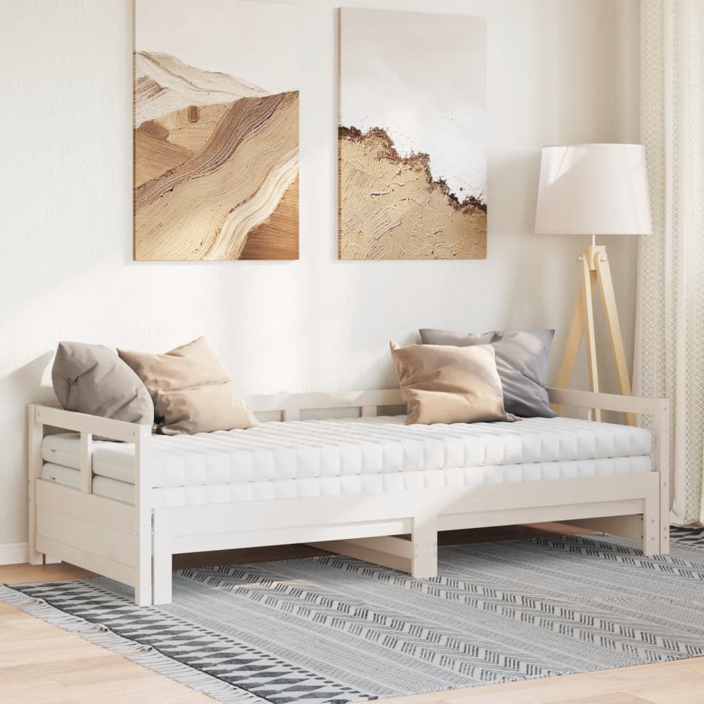 vidaXL Slaapbank met onderschuifbed en matras 90x200 cm grenenhout wit afbeelding