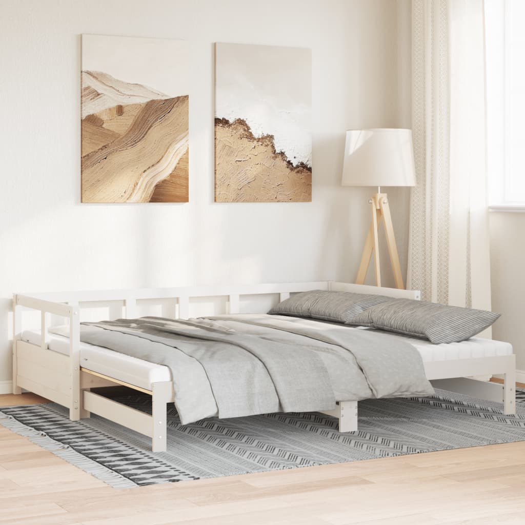vidaXL Vuodesohva rullilla ja patjoilla valk. 90x200 cm täysi mänty