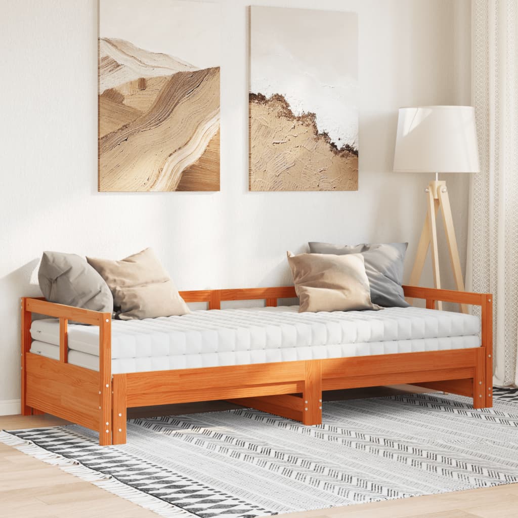 vidaXL Slaapbank onderschuifbed matras 90x200 cm grenenhout wasbruin afbeelding