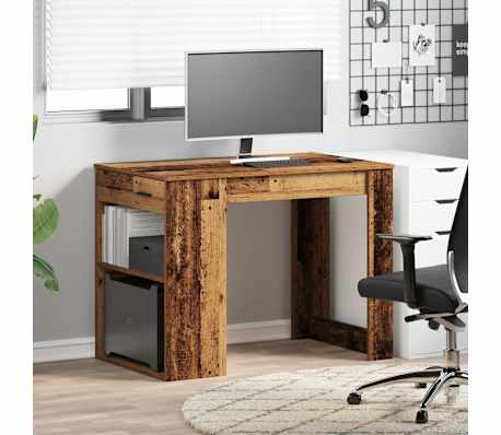 vidaXL Bureau avec tiroir et &eacute;tag&egrave;re vieux bois bois d'ing&eacute;nierie