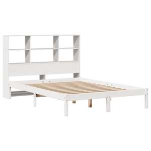 vidaXL Cama com estante sem colch&atilde;o 135x190 cm pinho maci&ccedil;o branco