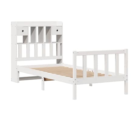 vidaXL Pat cu bibliotecă fără saltea, alb, 100x200 cm, lemn masiv pin