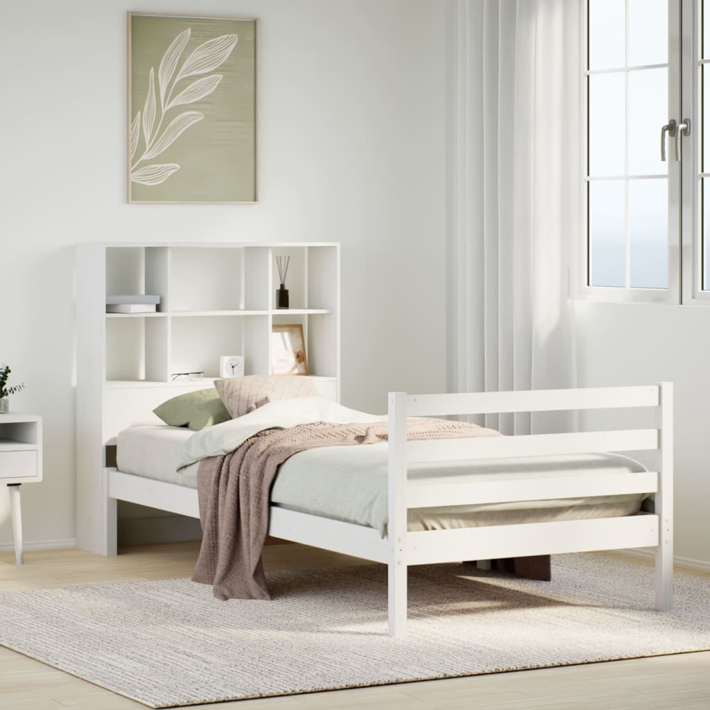 vidaXL Pat cu bibliotecă fără saltea, alb, 90x190 cm, lemn masiv pin