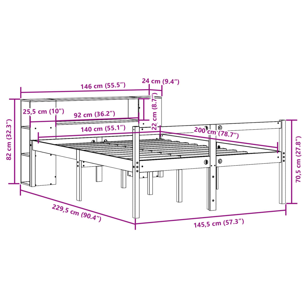 Vidaxl Massivholzbett Holzbett Bett Doppelbett Mit Regal Ohne Matratze 135x190cm - Bild 21 von 45