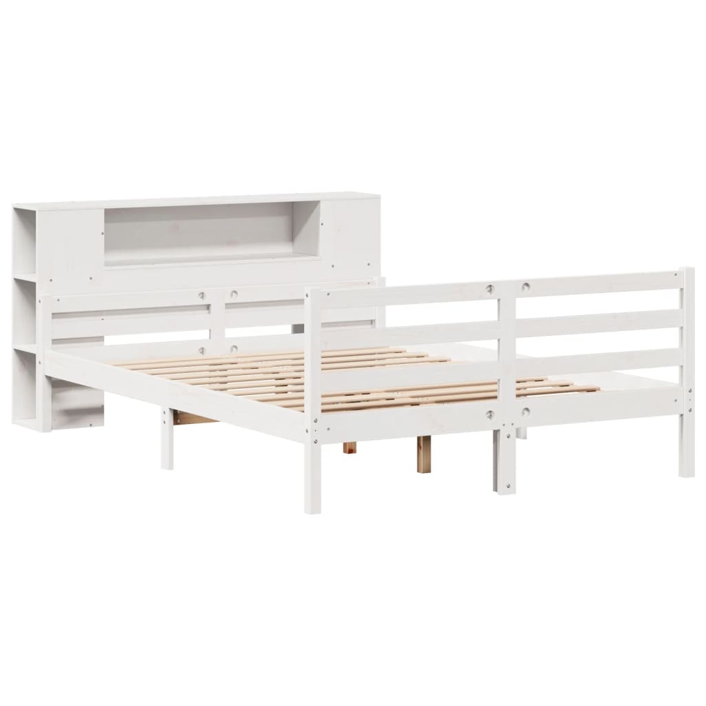 vidaXL Pat cu bibliotecă fără saltea, alb, 140x200 cm, lemn masiv pin