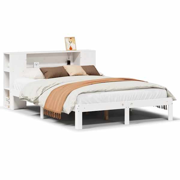 vidaXL riiuliga voodiraam ilma madratsita, valge, 135x190cm, m&auml;nnipuit