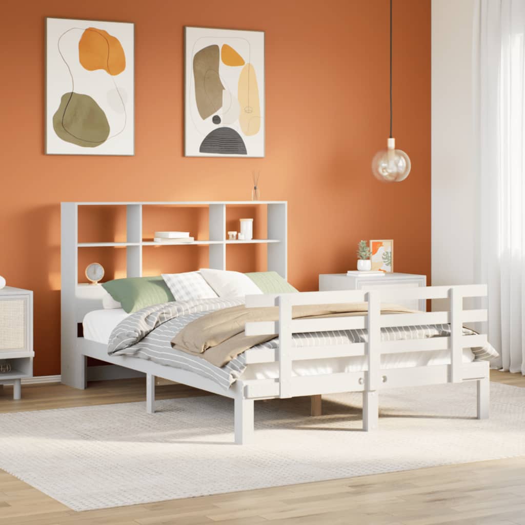 vidaXL Pat cu bibliotecă fără saltea, alb, 120x190 cm, lemn masiv pin