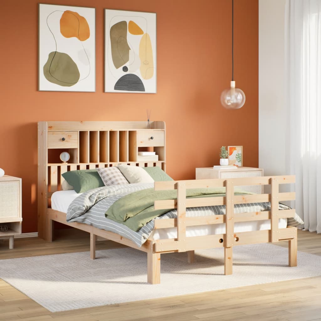 vidaXL Pat cu bibliotecă fără saltea, 135x190 cm, lemn masiv de pin