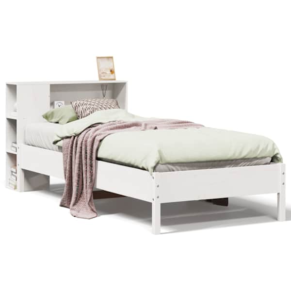 vidaXL riiuliga voodiraam ilma madratsita, valge, 75x190 cm, m&auml;nnipuit