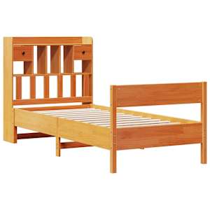 vidaXL Cama com estante sem colch&atilde;o 90x200cm pinho maci&ccedil;o castanho-mel