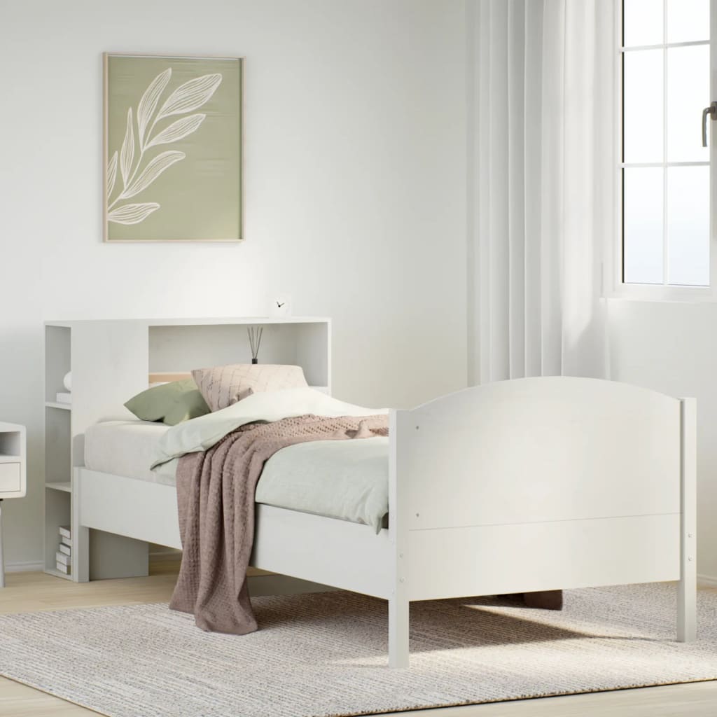vidaXL Pat cu bibliotecă fără saltea, alb, 90x190 cm, lemn masiv pin