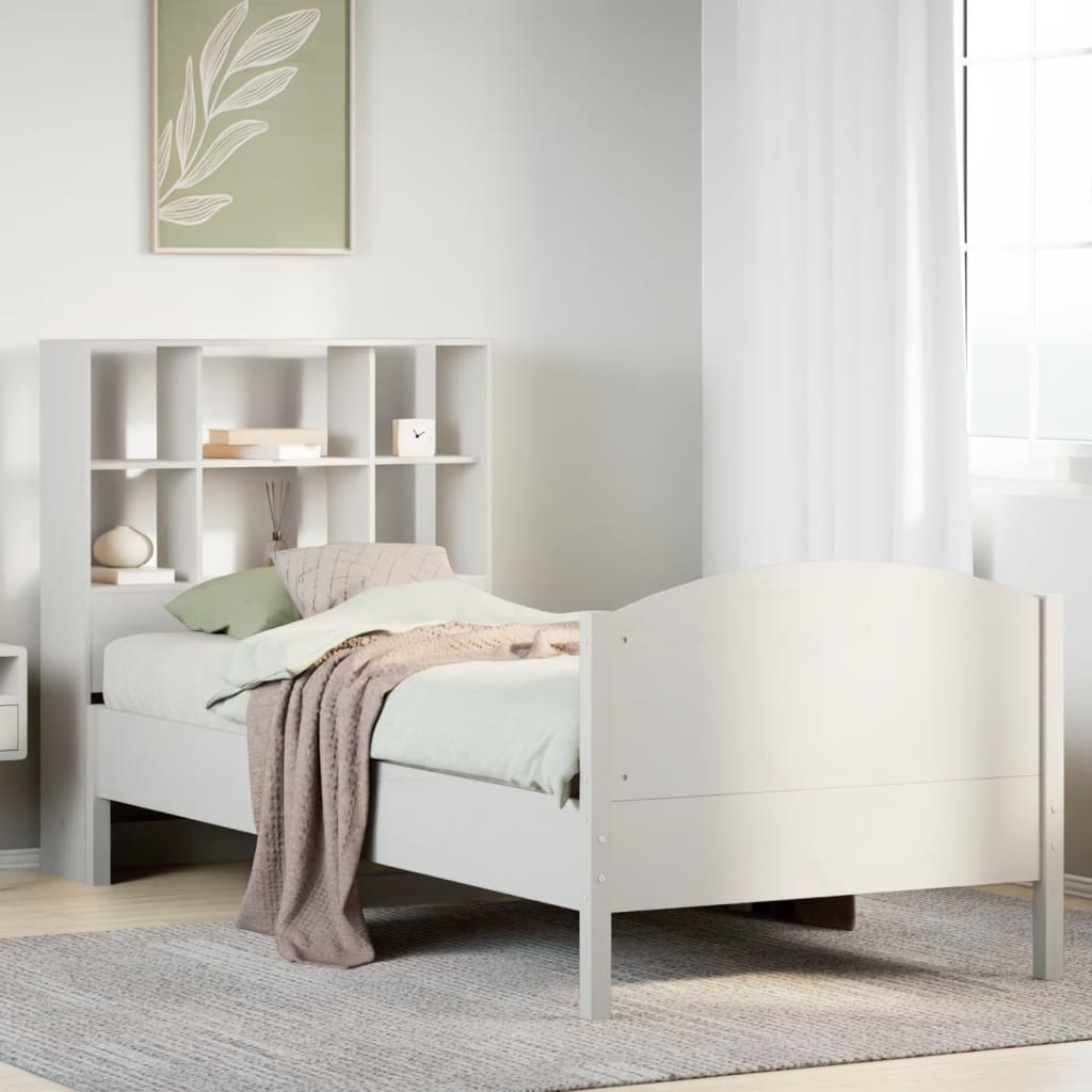 vidaXL Pat cu bibliotecă fără saltea, alb, 90x190 cm, lemn masiv pin