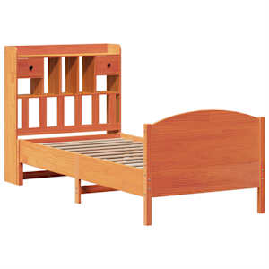 vidaXL Pat cu bibliotecă fără saltea, maro, 90x200 cm, lemn masiv pin